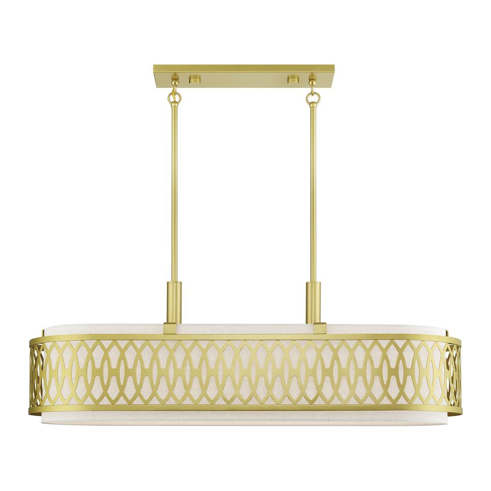 6 Light Soft Gold Large Linear Chandelier with Hand Crafted Oatmeal Color Fabric Hardback Shade