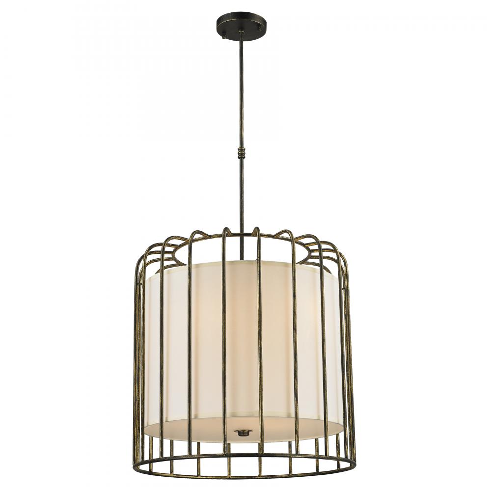 Sprocket 9-Light Metal Cage Pendant Light in Antique Bronze Finish with Ivory Shade 24 in. Dia x 24