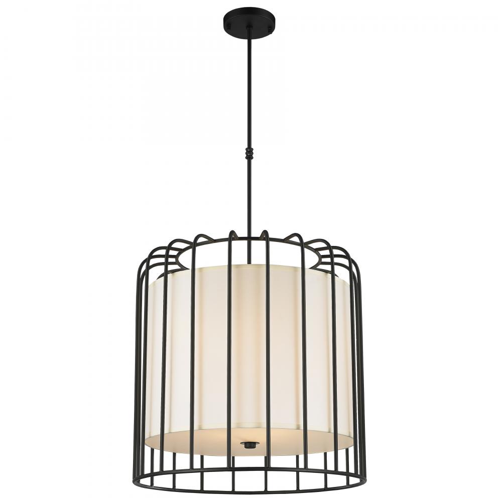 Sprocket 9-Light Metal Cage Pendant Light in Matte Black Finish with Ivory Shade 24 in. Dia x 24 in.