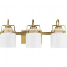  P300440-163 - Fessler Collection Three-Light Vintage Brass Opal Glass Farmhouse Bath Light