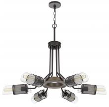  FX-3754-6 - 60W x 6 Savona pine wood/metal chandelier with double layer glass/metal mesh shade. (Edison bul