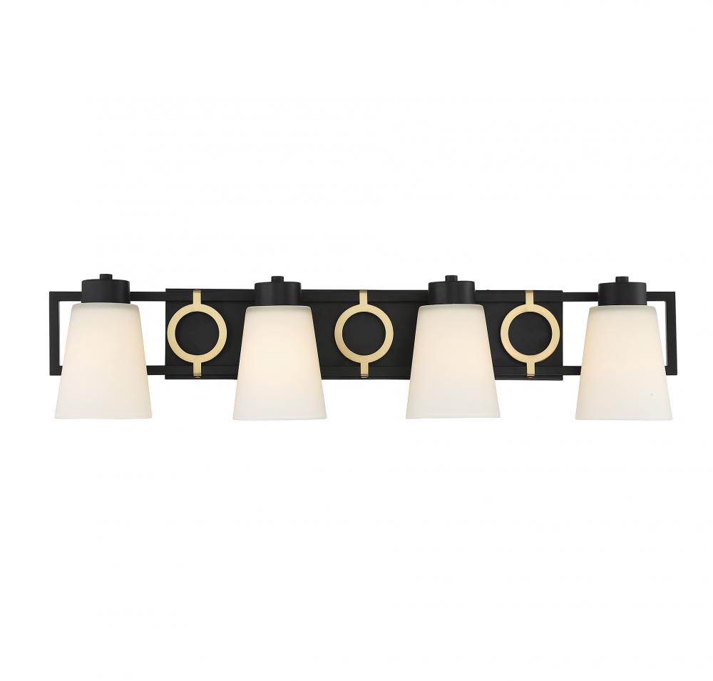 Russo 4-Light Bathroom Vanity Light in Matte Black with Warm Brass Accents